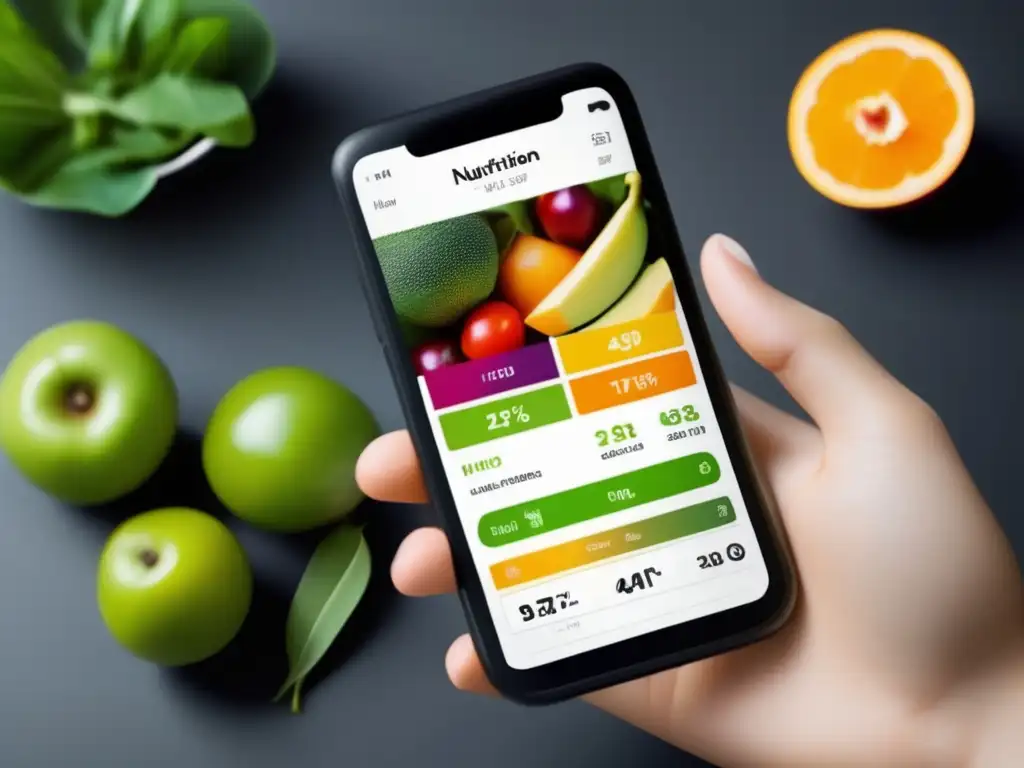 Un smartphone muestra una app de seguimiento nutricional con gráficos vibrantes de frutas y verduras. <b>Interfaz sofisticada y eficiente.</b> <b>Dispositivos tecnológicos para seguimiento nutricional.