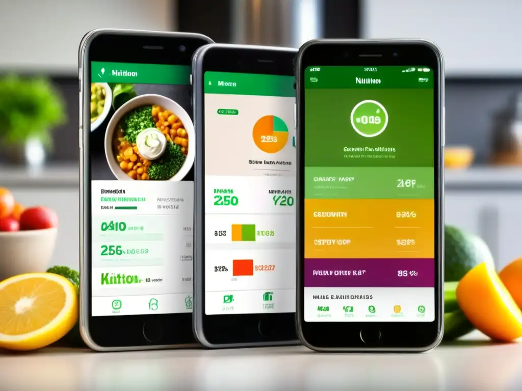 Dos smartphones muestran apps de nutrición gratuita vs pago en una cocina moderna. <b>Comparativa apps nutrición gratuita vs pago.