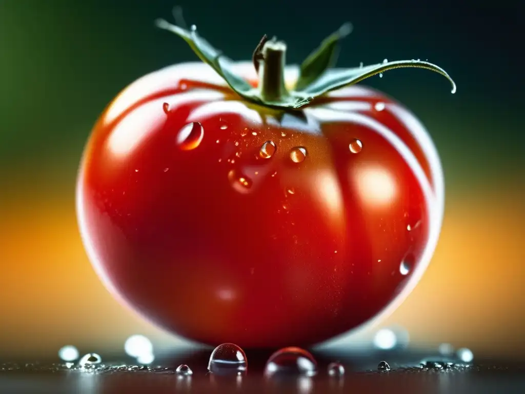 Una suculenta huella hídrica: detalle hipernatural de un tomate maduro con gotas de agua, realzando su color y textura.