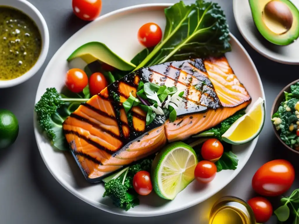 Un suculento filete de salmón rodeado de vegetales frescos, resaltando los beneficios de los ácidos grasos omega 3 para la salud cardiovascular.