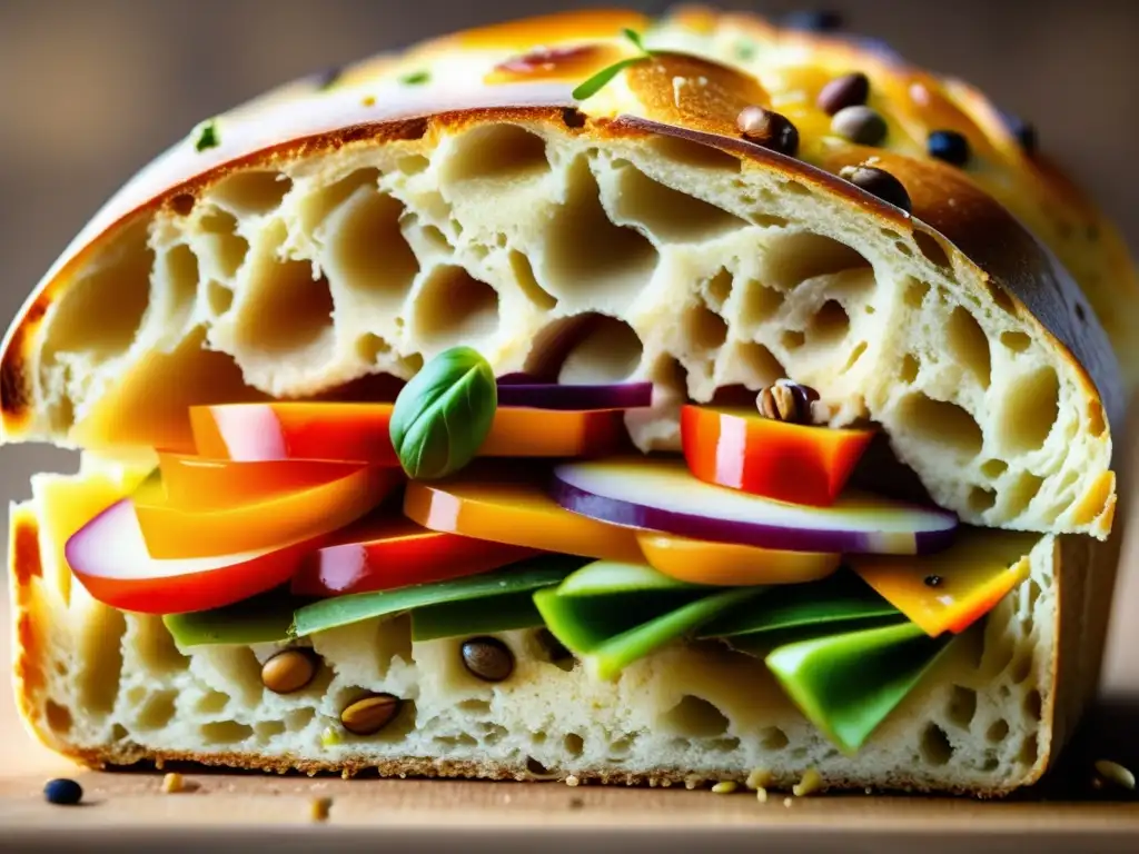 Un suculento pan de grano entero con vibrantes vegetales y semillas, resaltando su textura y colores. <b>Beneficios del pan de grano entero.