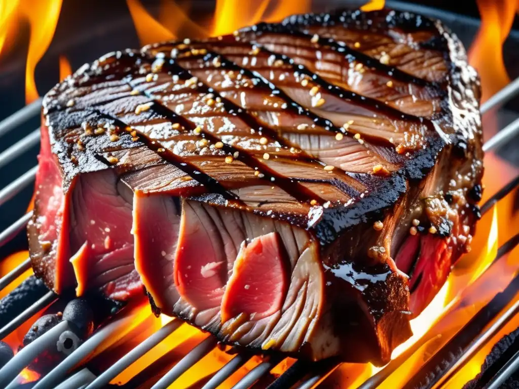 Un suculento y perfectamente sellado filete a la parrilla, con caramelización y condimentos, evocando la dieta carnívora.