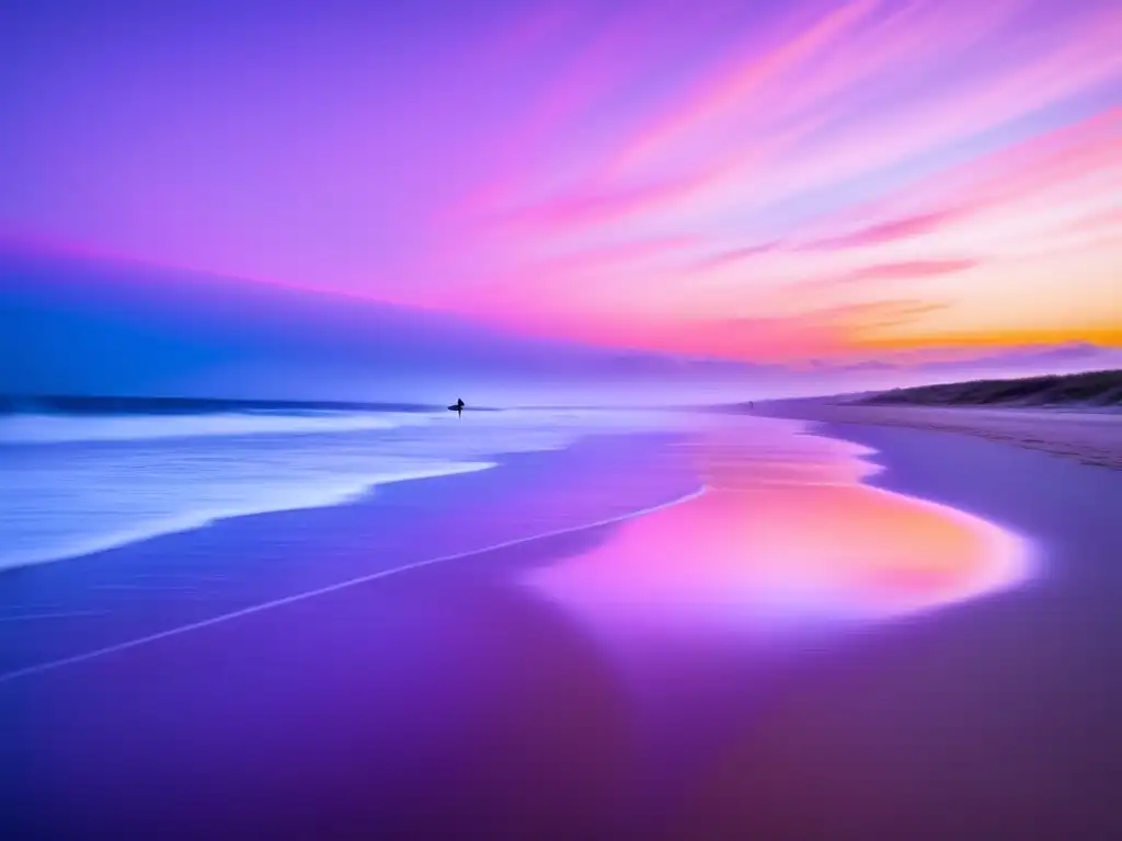 Un surfista solitario lleva su tabla hacia el mar al amanecer. El cielo rosado refleja en el agua, creando una atmósfera de calma y emoción. <b>Nutrición para surfistas y deportes acuáticos.