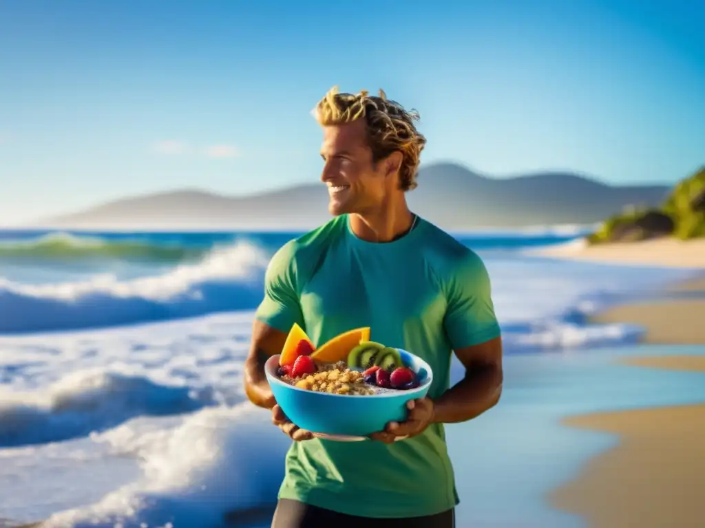 Un surfista disfruta de un tazón de smoothie en la playa bajo el sol, reflejando un estilo de vida saludable y activo.