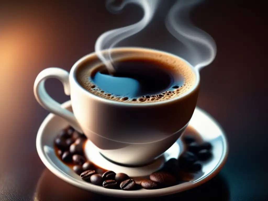 Una taza de café humeante, con tonos oscuros y destellos vibrantes. Los detalles son nítidos y realistas, creando una atmósfera acogedora.