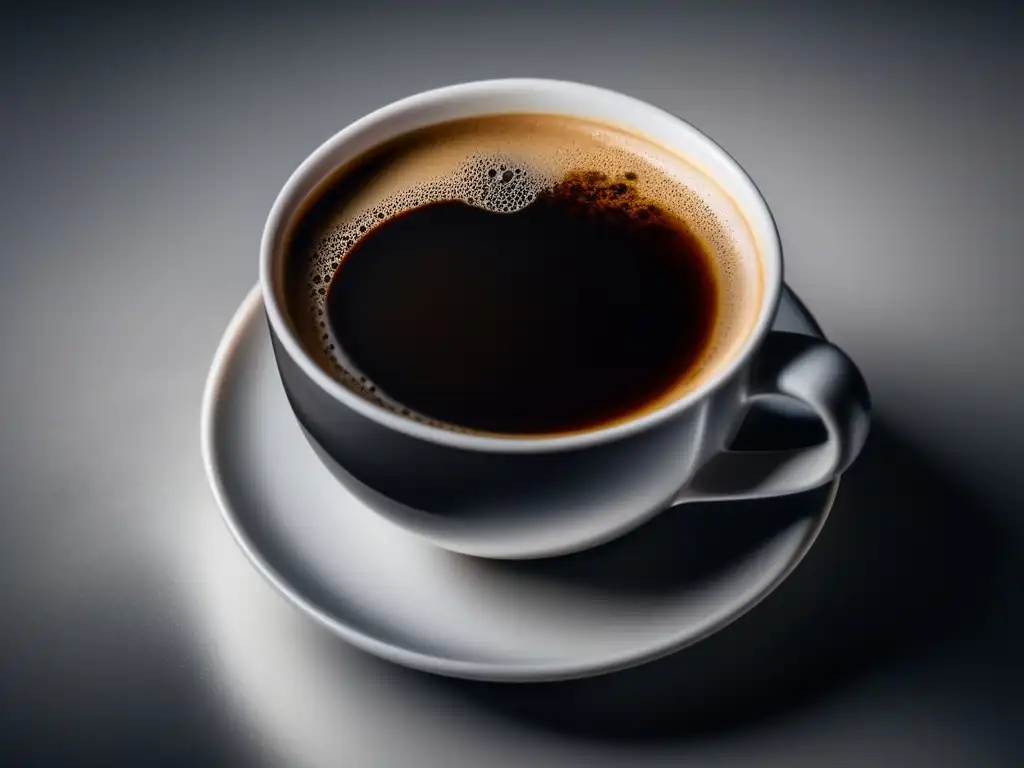 Una taza de café negro recién hecho con crema, humeante sobre una mesa blanca. Beneficios y contraindicaciones café té