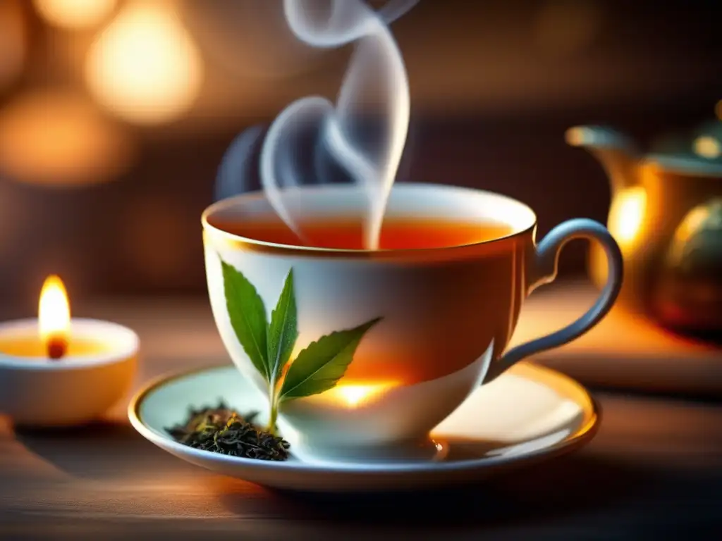 Una taza de té caliente humeante, con detalles de las hojas y vapor. <b>La luz suave resalta los colores naturales, creando un ambiente sereno.</b> Invita a disfrutar de los beneficios de tés e infusiones en un momento de tranquilidad.