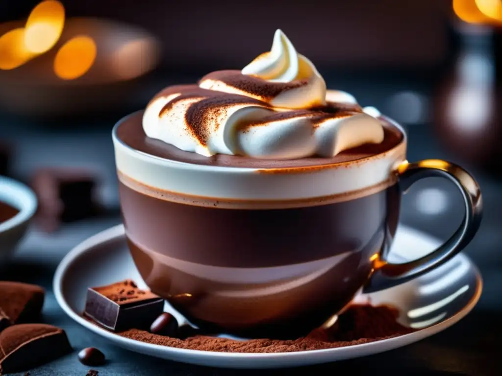 Una taza de chocolate caliente con crema batida y cacao beneficios estado de ánimo.