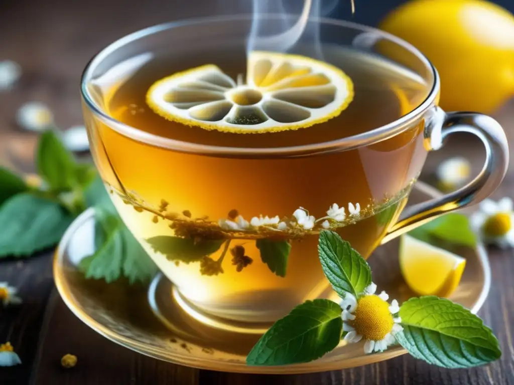 Una taza de té de hierbas con hojas de menta, rodajas de limón y flores de manzanilla. <b>Vapor ascendente.</b> <b>Beneficios de tés e infusiones.