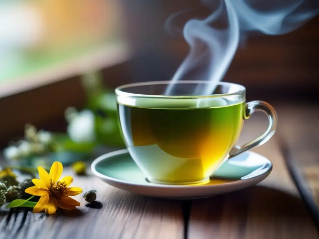 Una taza de té herbal humeante rodeada de hojas verdes, flores secas y hierbas aromáticas. Transmitiendo una atmósfera tranquila y saludable, con beneficios de tés e infusiones.