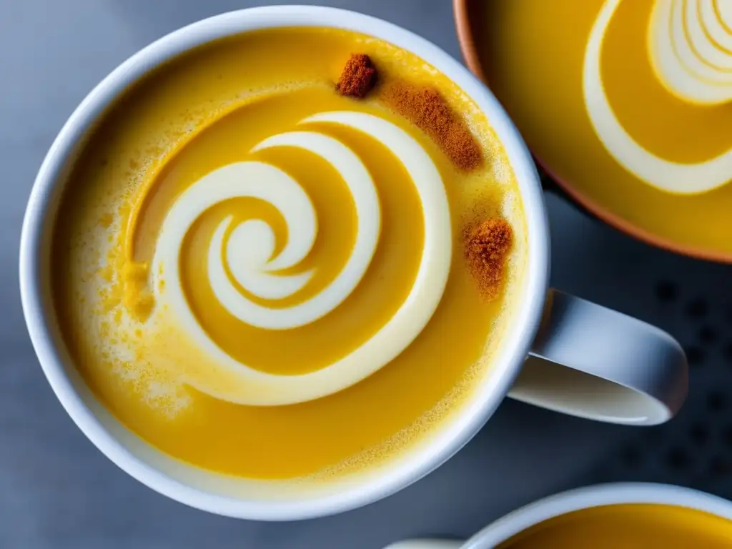 Una taza de leche dorada con swirls de cúrcuma y canela, reflejando luz en una cocina moderna. <b>Beneficios de la leche dorada.