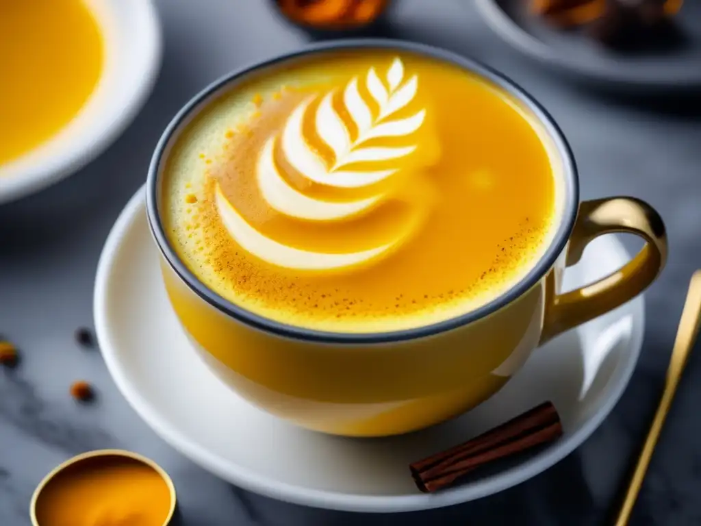 Una taza de oro: latte de cúrcuma humeante sobre mármol, con colores vibrantes y espuma delicada. <b>Bebidas estimulantes saludables sin cafeína.