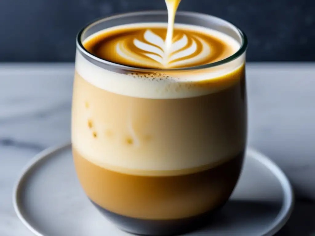 Una taza de café bulletproof recién preparado, con crema espesa y aroma tentador, en una cocina moderna. <b>Beneficios café bulletproof metabolismo.