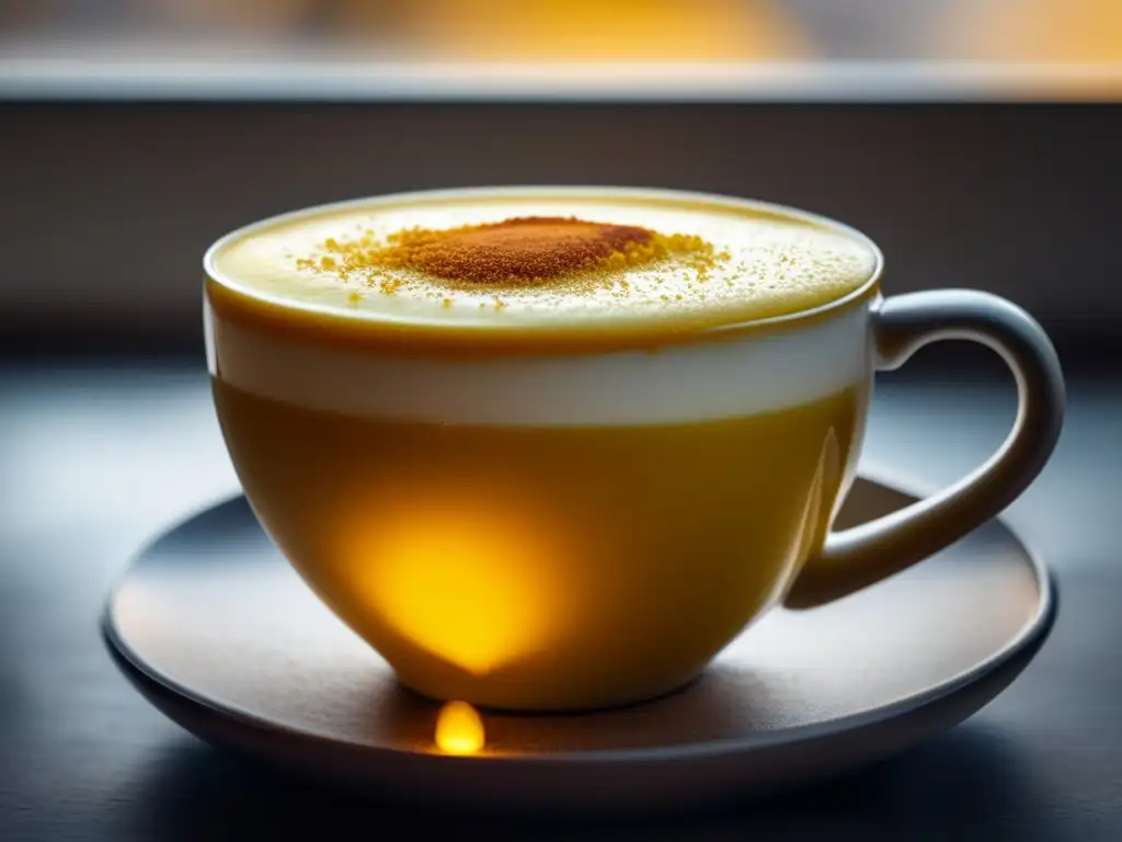 Una taza de turmeric latte humeante con canela y cúrcuma, sobre una mesa minimalista. <b>Bebidas estimulantes saludables sin cafeína.