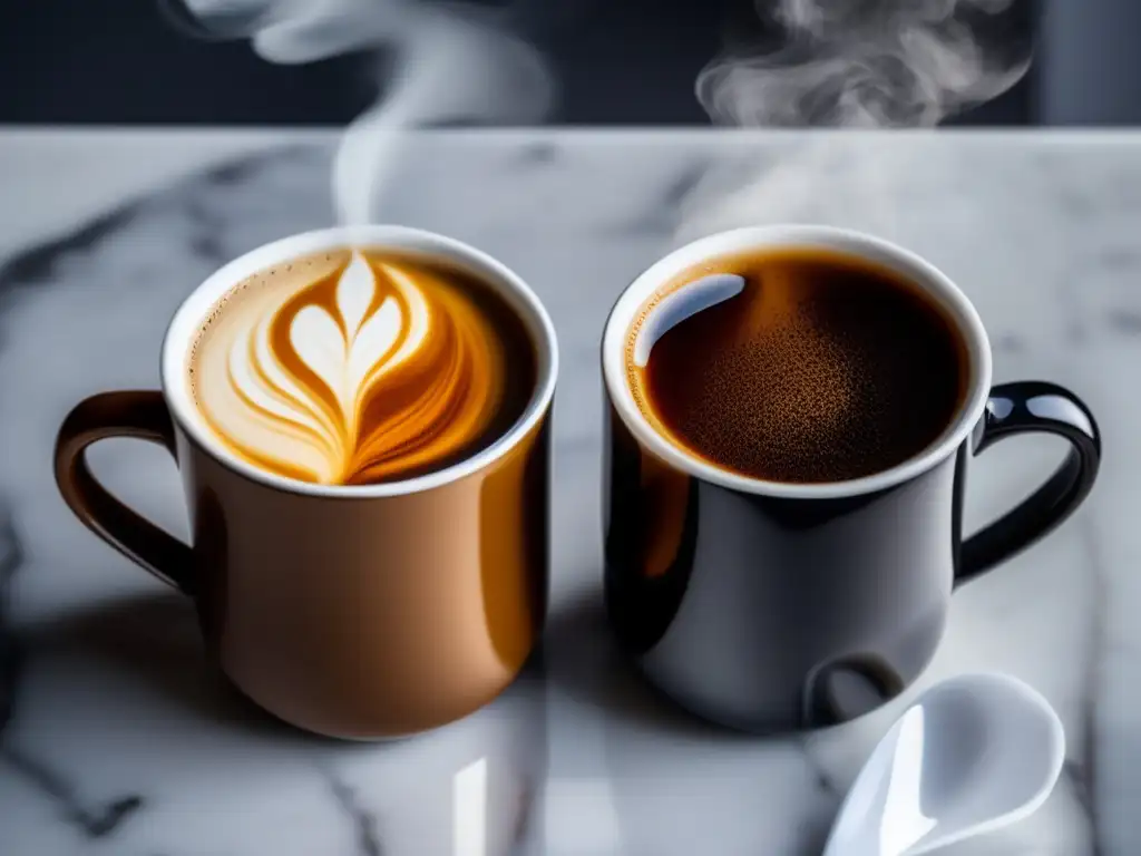 Dos tazas de café y té humeantes en una elegante mesa de mármol, destacando el contraste entre ambos. <b>Beneficios y contraindicaciones café té.