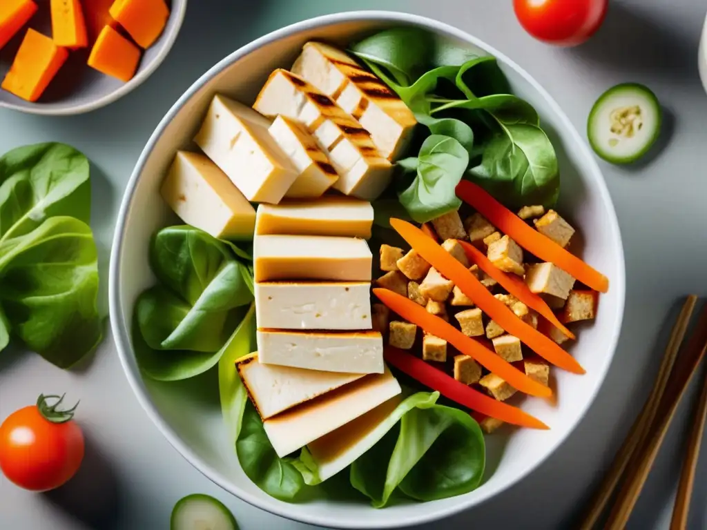 Un tazón de ensalada con tofu y tempeh en una composición vibrante y apetitosa. <b>Recetas saludables con tofu y tempeh.