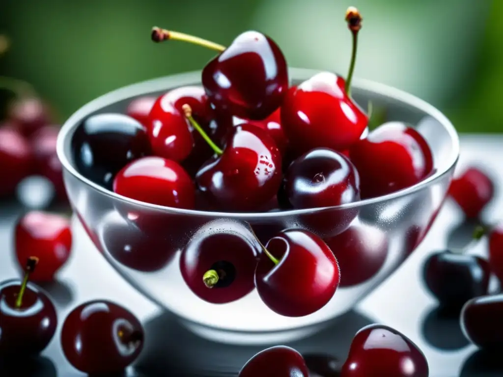 Un tazón rebosante de cerezas rojas brillantes, con gotas de agua que resaltan su frescura. <b>Fondo suave.</b> <b>Beneficios de las cerezas para dormir.