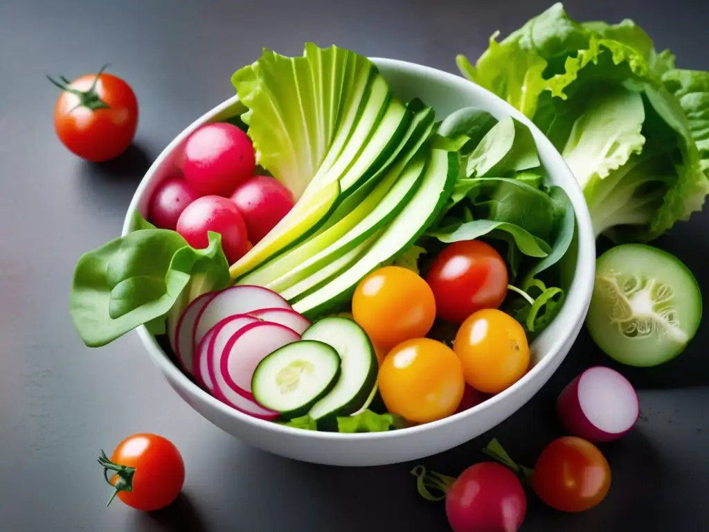 Un tazón vibrante y colorido con verduras frescas, como lechuga, tomate, pepino y rábano. <b>Dieta americana y alimentación saludable.