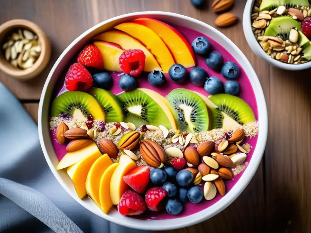 Un tazón vibrante de superalimentos para mejorar rendimiento deportivo, con frutas, nueces, semillas y granola, bañado en luz natural.