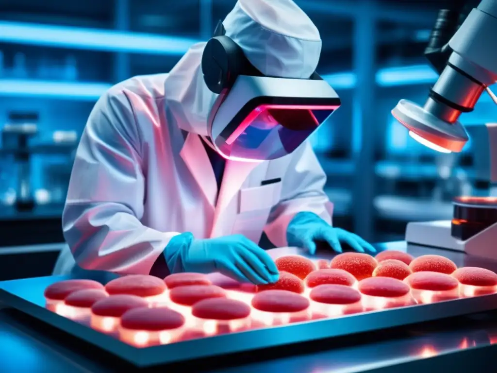 Un técnico de laboratorio en un entorno futurista cultiva células de carne en una placa de Petri bajo un microscopio de alta potencia. <b>El equipo es de vanguardia, con luces digitales brillantes y maquinaria intrincada.</b> La escena irradia tecnología avanzada y precisión científ