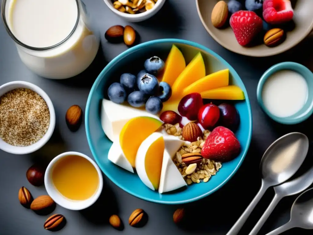Un tentador arreglo de snacks preentrenamiento dieta saludable: frutas vibrantes, nueces, yogur con granola y miel, jugo fresco y semillas de chía.