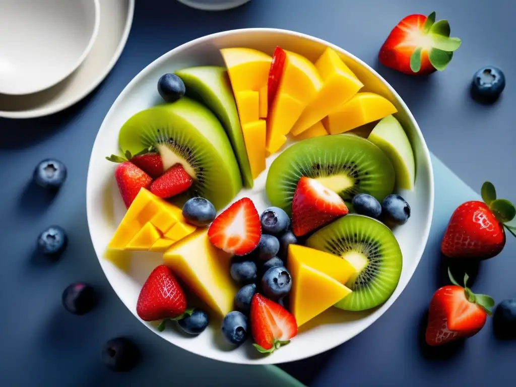 Un tentador y saludable cuadro de frutas frescas, con fresas, mango, kiwi y arándanos en un plato blanco. <b>Perfecto para la intolerancia alimentaria a la fructosa.