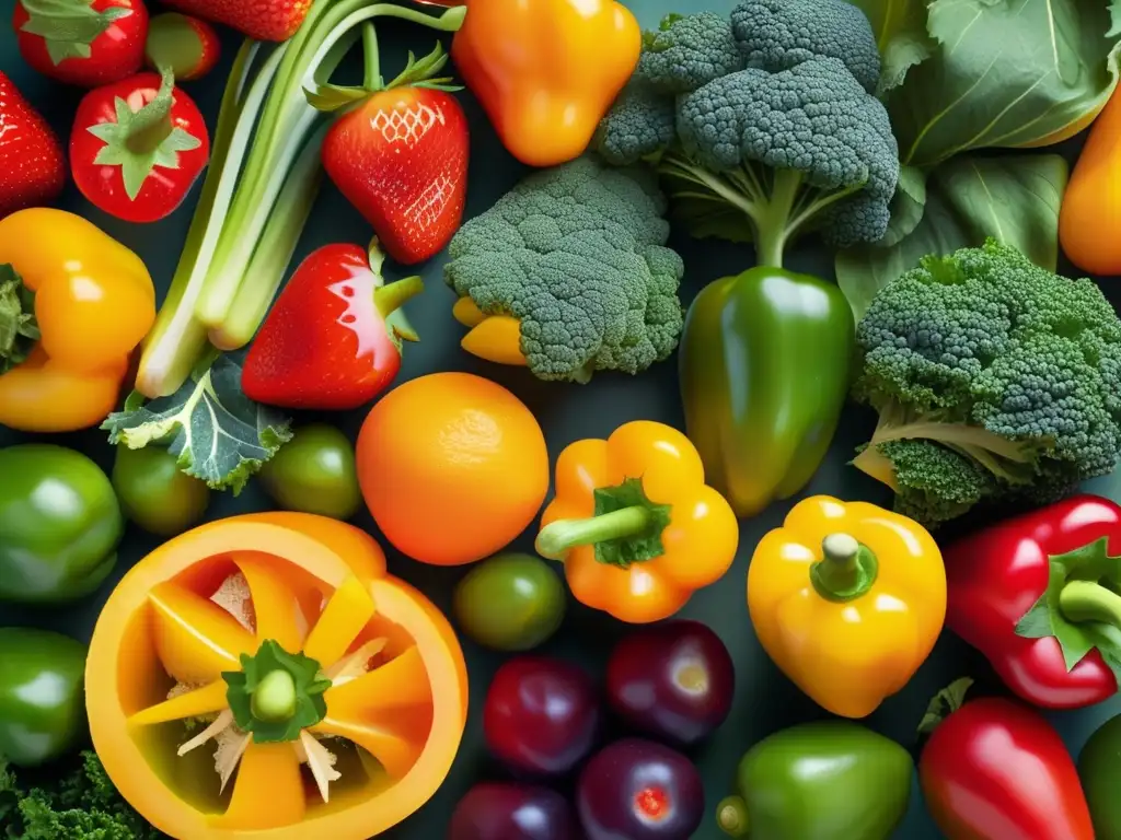 Una tentadora y saludable variedad de frutas y verduras frescas, resaltando la nutrigenómica para adelgazar con genética.