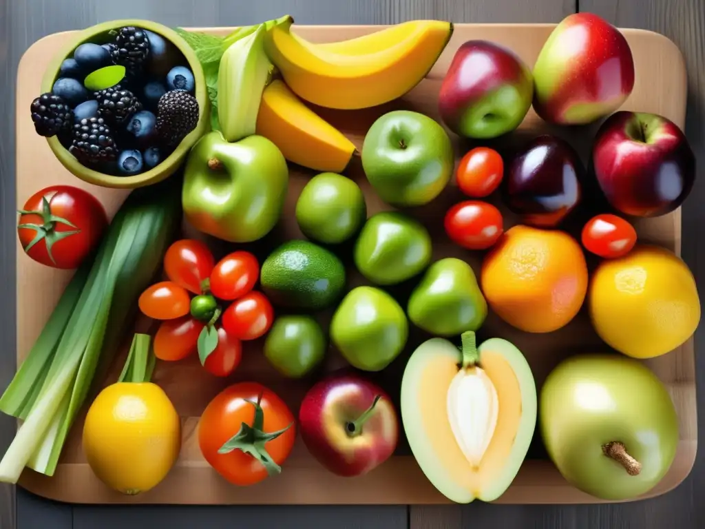 Una tentadora selección de frutas y verduras frescas sobre una tabla de cortar de madera, iluminada por la luz natural. <b>Detalles vívidos y una composición atractiva que celebra ingredientes nutritivos.