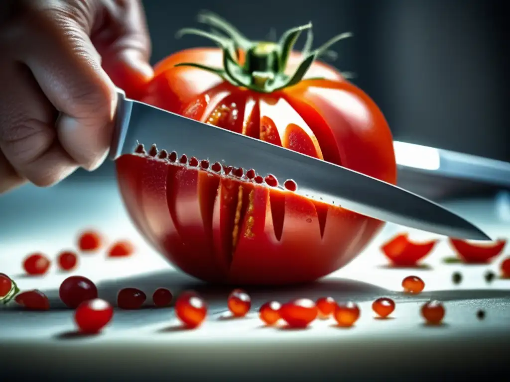 Una toma detallada de un tomate transgénico siendo rebanado, revelando su pulpa roja simétrica con semillas. <b>En el fondo, un laboratorio sugiere investigación sobre el impacto de los alimentos transgénicos en la salud.