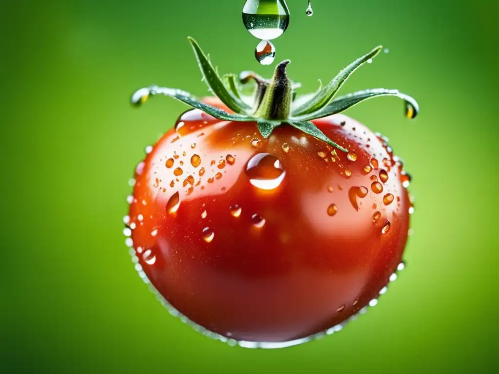 Un tomate maduro suspendido en el aire con gotas de agua, rodeado de verdor fresco. <b>Impacto huella hídrica alimentos.