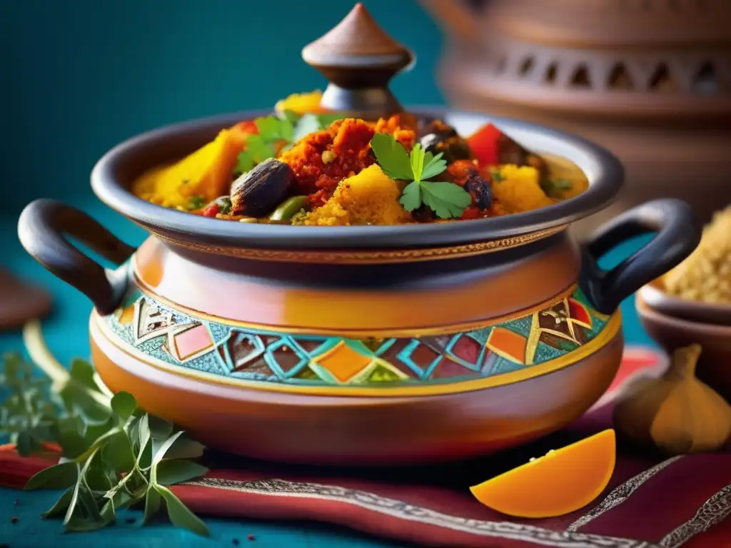 Un tradicional tagine marroquí rebosante de colores y aromas, rodeado de especias vibrantes. <b>Recetas saludables cocina marroquí.