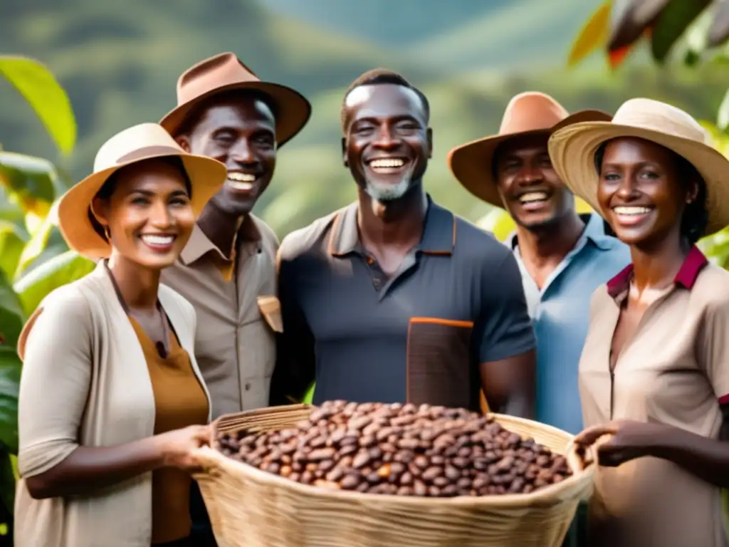 Unidos en el campo, agricultores sonrientes de café y productores de chocolate de todo el mundo sostienen sus cosechas bajo el cálido sol. La escena transmite comunidad, sostenibilidad y el impacto positivo del comercio justo en las vidas de los agricultores y sus familias.