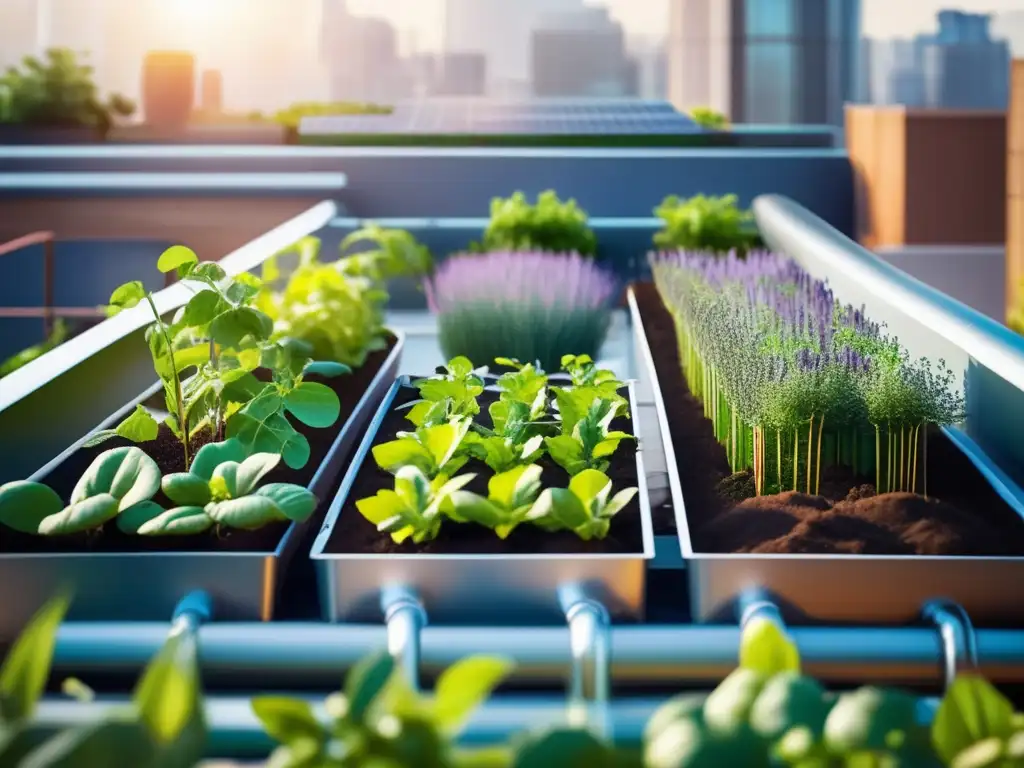 Un jardín urbano sostenible con riego ecológico en acción. Huerto urbano vibrante y tecnológico bajo la cálida luz del sol.