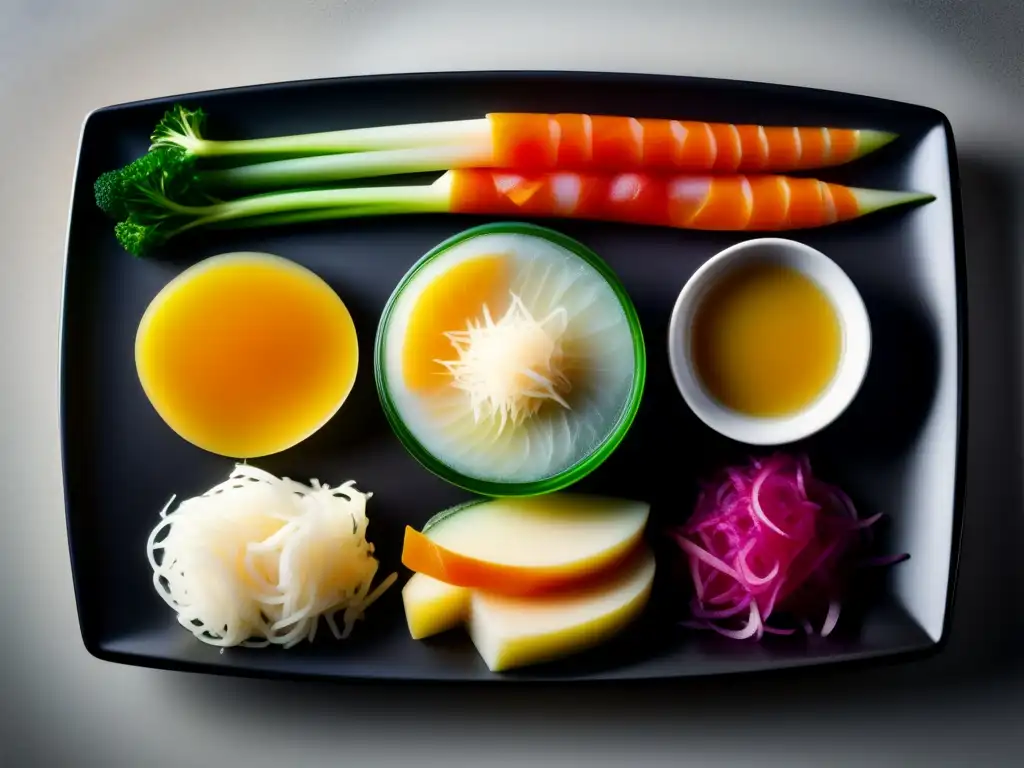 Una variedad de alimentos fermentados como kimchi, chucrut, kefir y kombucha en una presentación artística. <b>Muestra la diversidad y belleza de opciones ricas en probióticos.</b> <b>Beneficios de probióticos en alimentación.