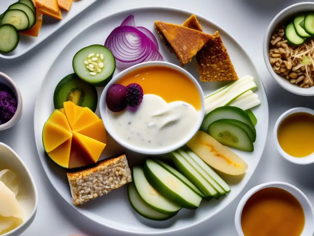Una variedad de alimentos ricos en probióticos en un elegante plato blanco, mostrando sus beneficios reales.