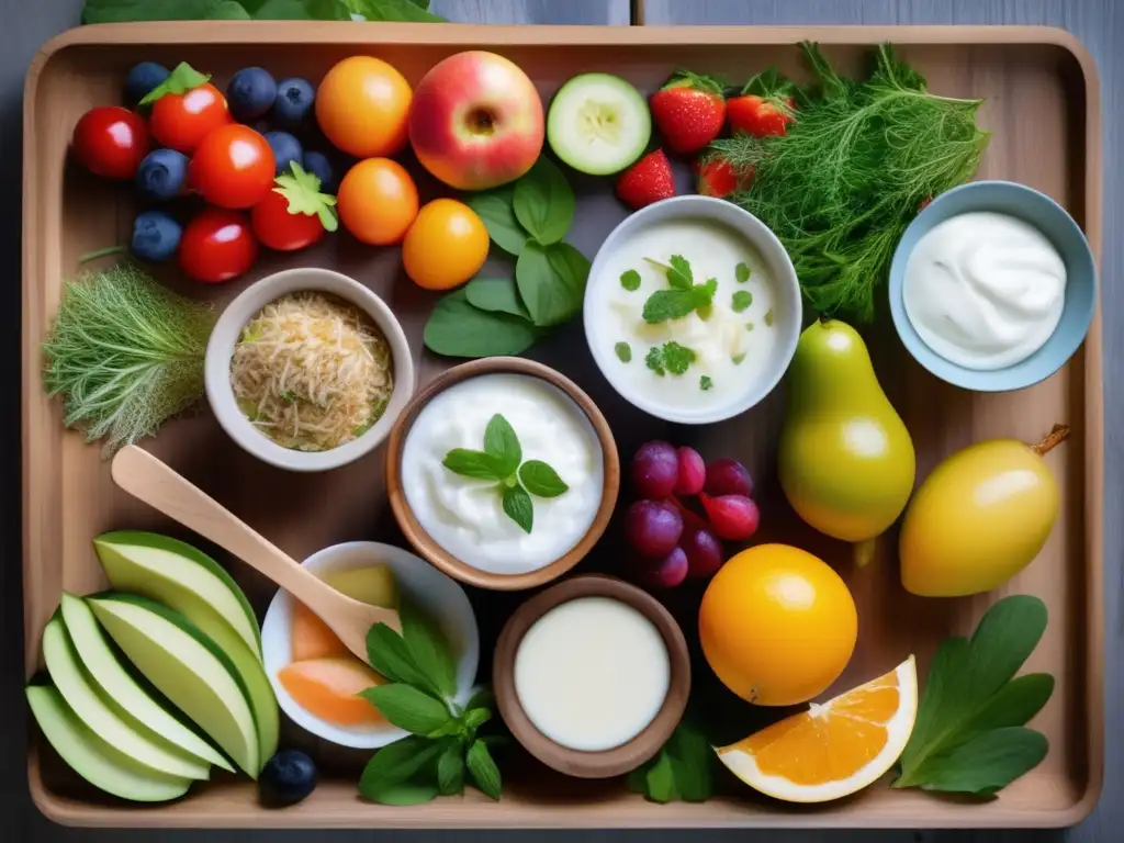 Una variedad de alimentos ricos en probióticos como yogur, kéfir, kombucha, chucrut y kimchi, dispuestos de forma hermosa en una bandeja de madera moderna con frutas frescas y hierbas como adorno. Captura la frescura y la salud de las opciones de dieta ricas en probió