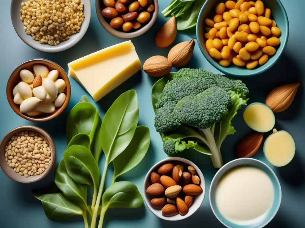 Una variedad de alimentos saludables y frescos dispuestos en una encimera moderna, creando una composición vibrante y apetitosa que promueve la prevención de la osteoporosis a través de la alimentación saludable.