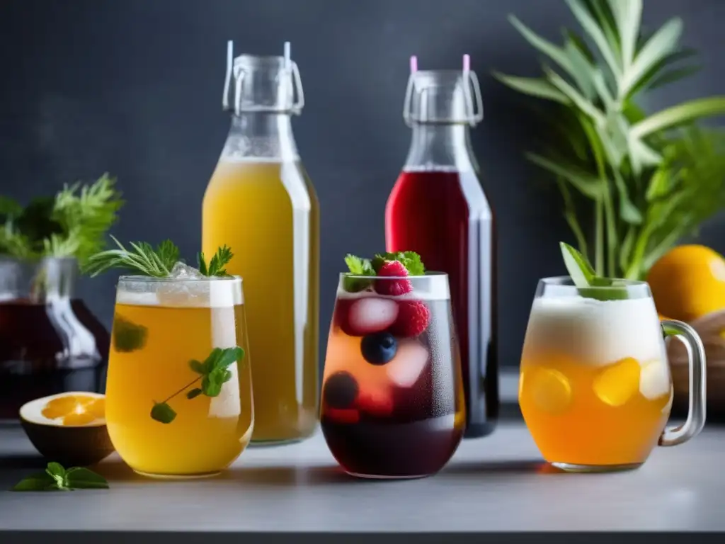 Una variedad de bebidas fermentadas caseras como kombucha, kéfir y kvass en un elegante mostrador, resaltando los beneficios de estas bebidas.