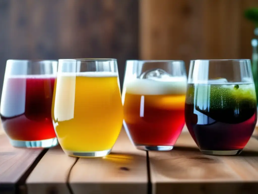 Una variedad de bebidas fermentadas caseras en vasos de vidrio sobre una encimera de madera, mostrando sus colores vibrantes y efervescencia natural. Los beneficios de las bebidas fermentadas caseras se reflejan en la frescura y pureza de la escena.