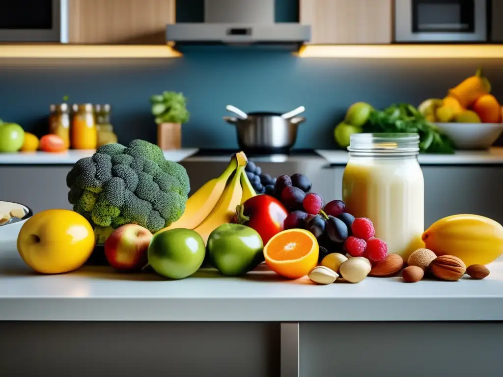 Una variedad colorida de alimentos frescos y saludables en una cocina moderna, resaltando la importancia de la prevención de la osteoporosis con una alimentación equilibrada y saludable.