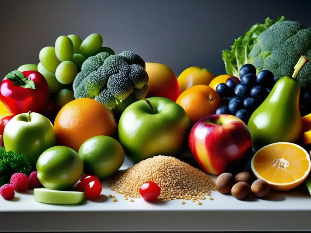 Una variedad colorida de frutas, verduras y granos enteros en una mesa moderna, destacando la fibra para prevenir enfermedades cardiovasculares.