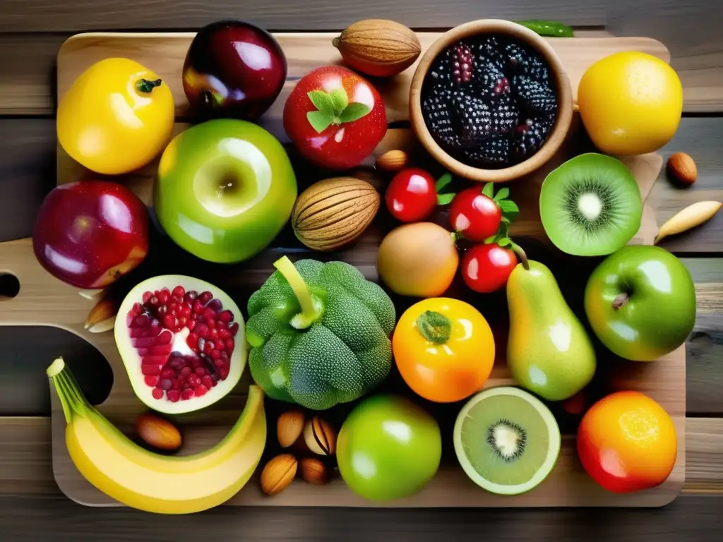 Una variedad de frutas, vegetales, frutos secos y semillas coloridos dispuestos sobre una tabla de cortar de madera, con gotas de agua que realzan la frescura de los alimentos. <b>Dieta completa para prevenir desnutrición.