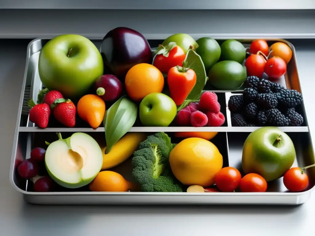 Una variedad de frutas y verduras en bandeja de deshidratación de acero inoxidable, destacando la conservación de nutrientes en deshidratación.