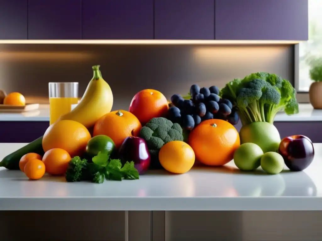 Una variedad de frutas y verduras coloridas en una cocina moderna. <b>Importancia de vitaminas, minerales y alto rendimiento.