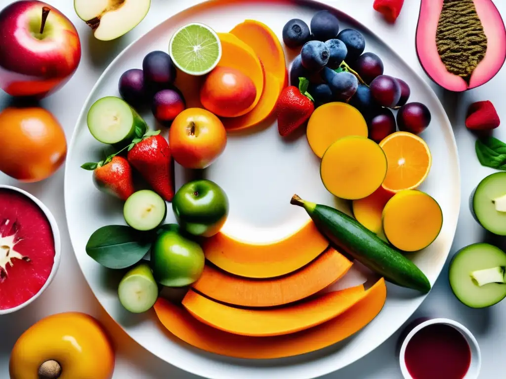 Una variedad de frutas y verduras coloridas en un plato blanco, destacando el impacto en los niveles de azúcar.