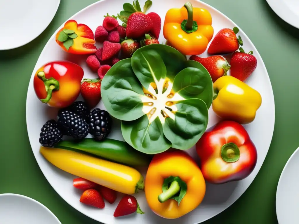 Una variedad de frutas y verduras coloridas y frescas en un elegante plato blanco, resaltando la relación entre anemia y rendimiento cognitivo.