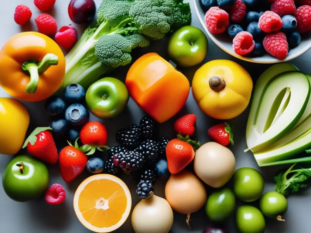 Una variedad de frutas y verduras de la dieta FODMAP para sensibilidad gluten no celíaca en una cocina moderna y limpia, irradiando frescura y salud.