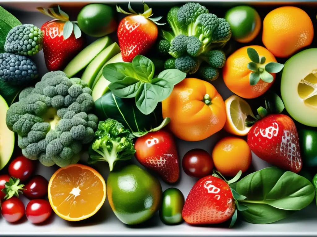 Una variedad de frutas y verduras frescas y coloridas en una encimera moderna, resaltando la importancia de la hidratación en nutrición.