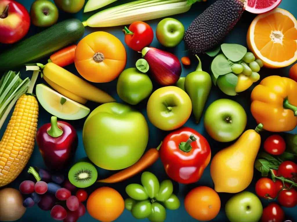 Una variedad de frutas y verduras frescas y coloridas, dispuestas de forma artística. Conexión entre gluten y enfermedades autoinmunes.