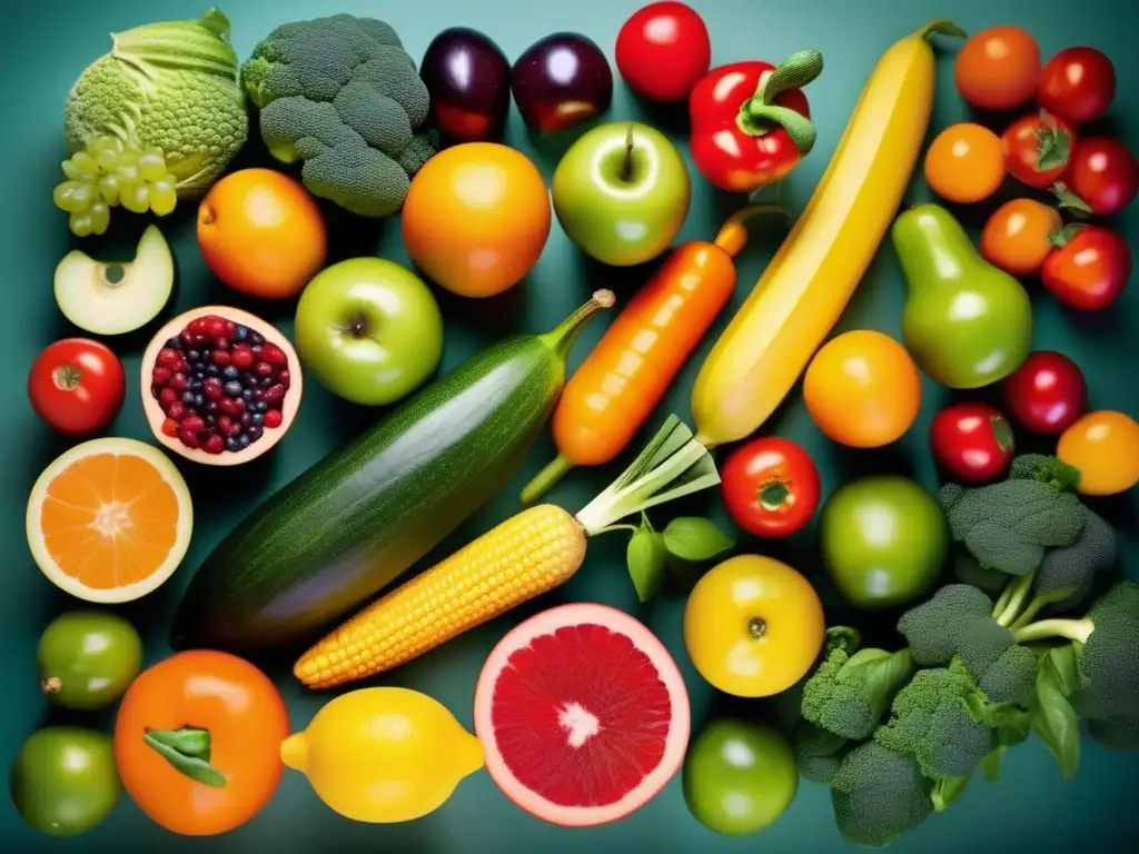 Una variedad de frutas y verduras frescas en un patrón colorido y atractivo. <b>Una composición artística y moderna que invita a la vida saludable.</b> <b>Tests online nutrición vida saludable.